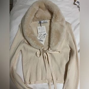 NWT Zara Cream Cardigan with Fur